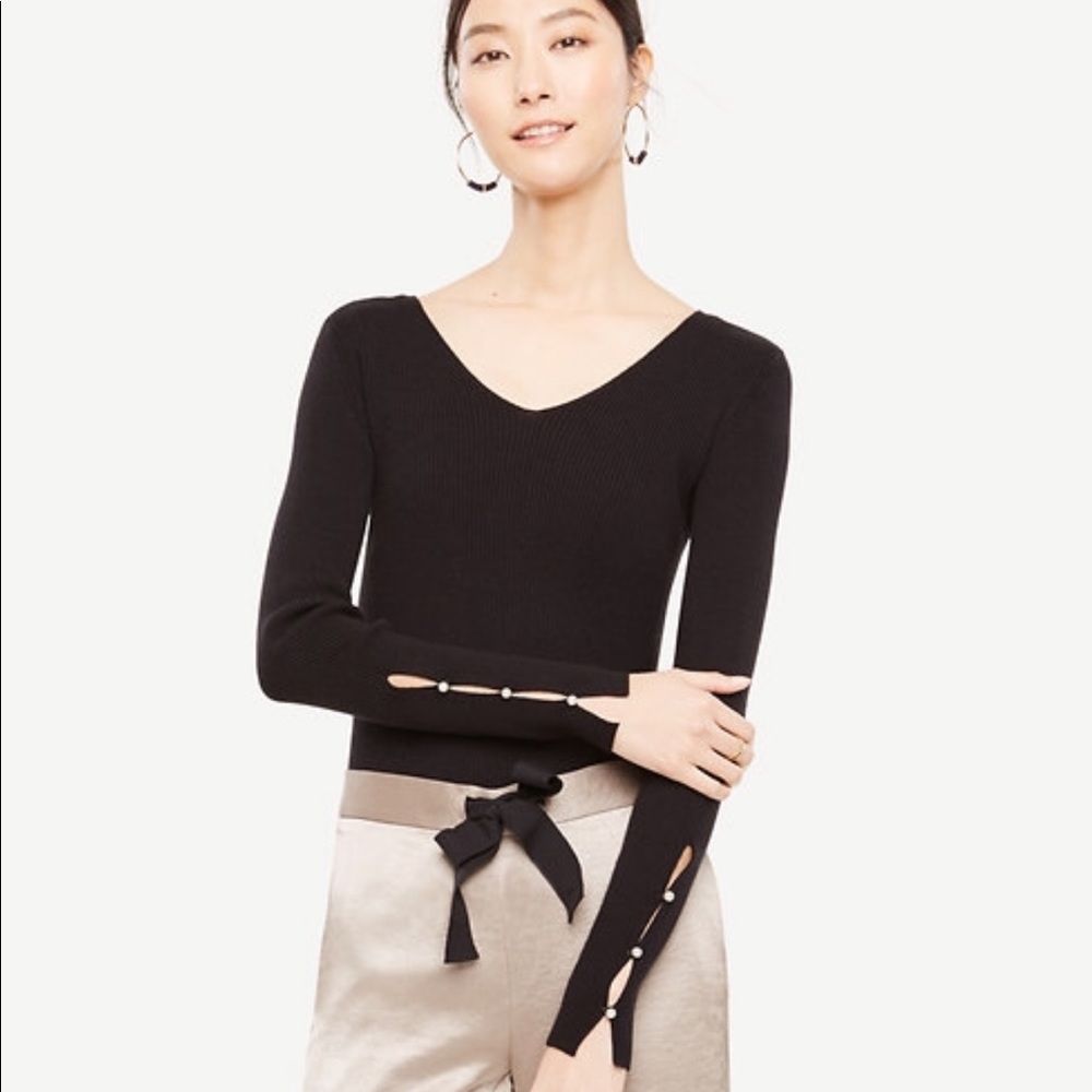 Ann Taylor Ribbed Sweater with Pearl Buttons